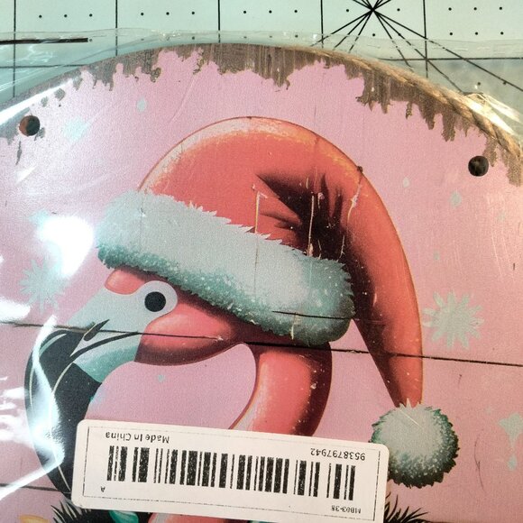 Flamingo Christmas Wall Sign Santa Hat Lights  Round Pink Wood - Picture 4 of 6